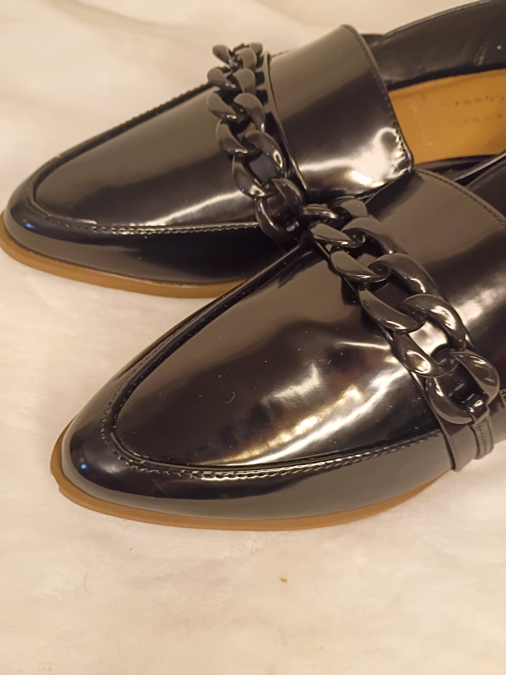 Black Patent Pointed Toe Chain Loafers - Picture 8 of 13